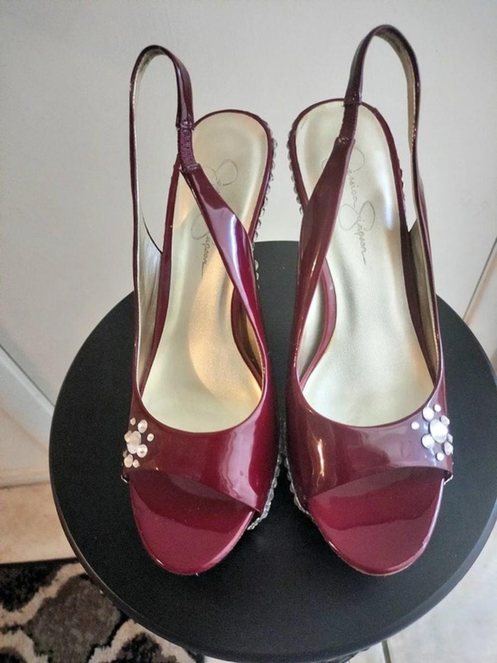 Jessica Simpson Burgundy Platform Heels custom decorated with crystals.